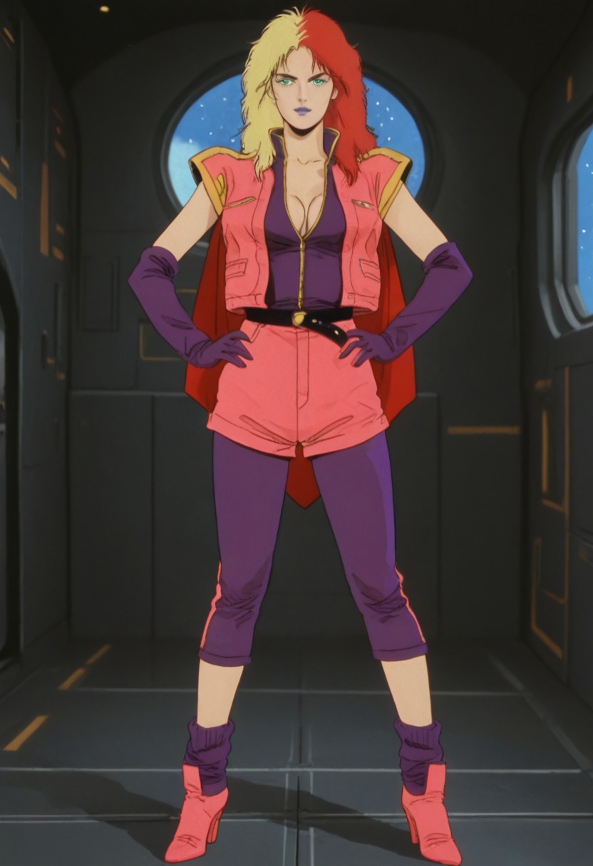 score_9, score_8_up, score_7_up, score_6_up, anime screencap, anime coloring, <lora:CharaSoon_epoch_8:0.8>, CharaSoonS1, red hair, blonde hair, long hair, multicolored hair, lipstick, blue lips, purple eyes, green eyeshadow,
pink jacket, cleavage, breasts, purple gloves, elbow gloves, black belt, cape, pink shorts, purple pants, purple socks, pink high heels,
full body, standing,facing viewer, hand on own hip, 
BREAK, indoors, window, space,