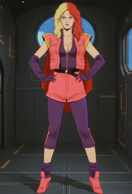 score_9, score_8_up, score_7_up, score_6_up, anime screencap, anime coloring, <lora:CharaSoon_epoch_8:0.8>, CharaSoonS1, red hair, blonde hair, long hair, multicolored hair, lipstick, blue lips, purple eyes, green eyeshadow,
pink jacket, cleavage, breasts, purple gloves, elbow gloves, black belt, cape, pink shorts, purple pants, purple socks, pink high heels,
full body, standing,facing viewer, hand on own hip, 
BREAK, indoors, window, space,