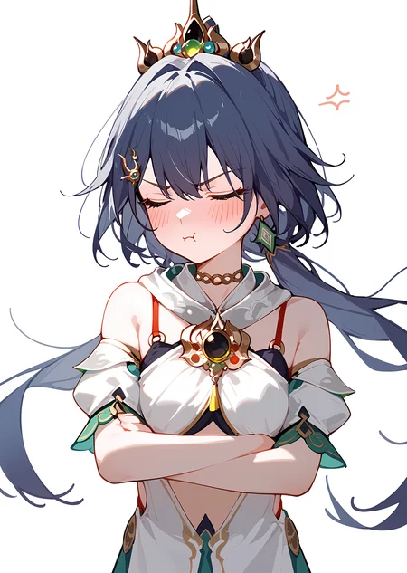 (score_9, score_8_up, score_7_up), 1girl, yunli, detached sleeves, closed eyes, blush, crossed arms, pout, looking to the side, annoyed, simple background, <lora:yunli-strPO-v1a:0.9>