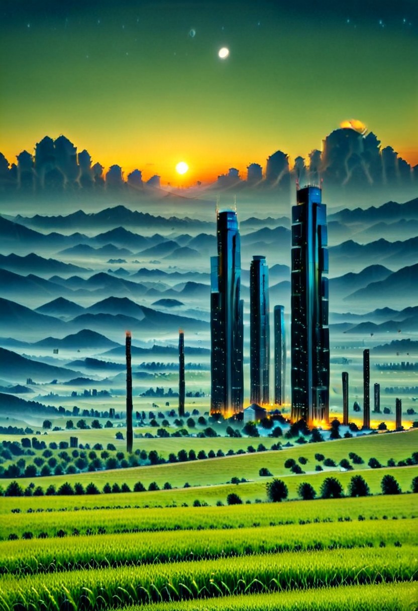 scenery, mountains, tree, grass, towers, skyscraper,