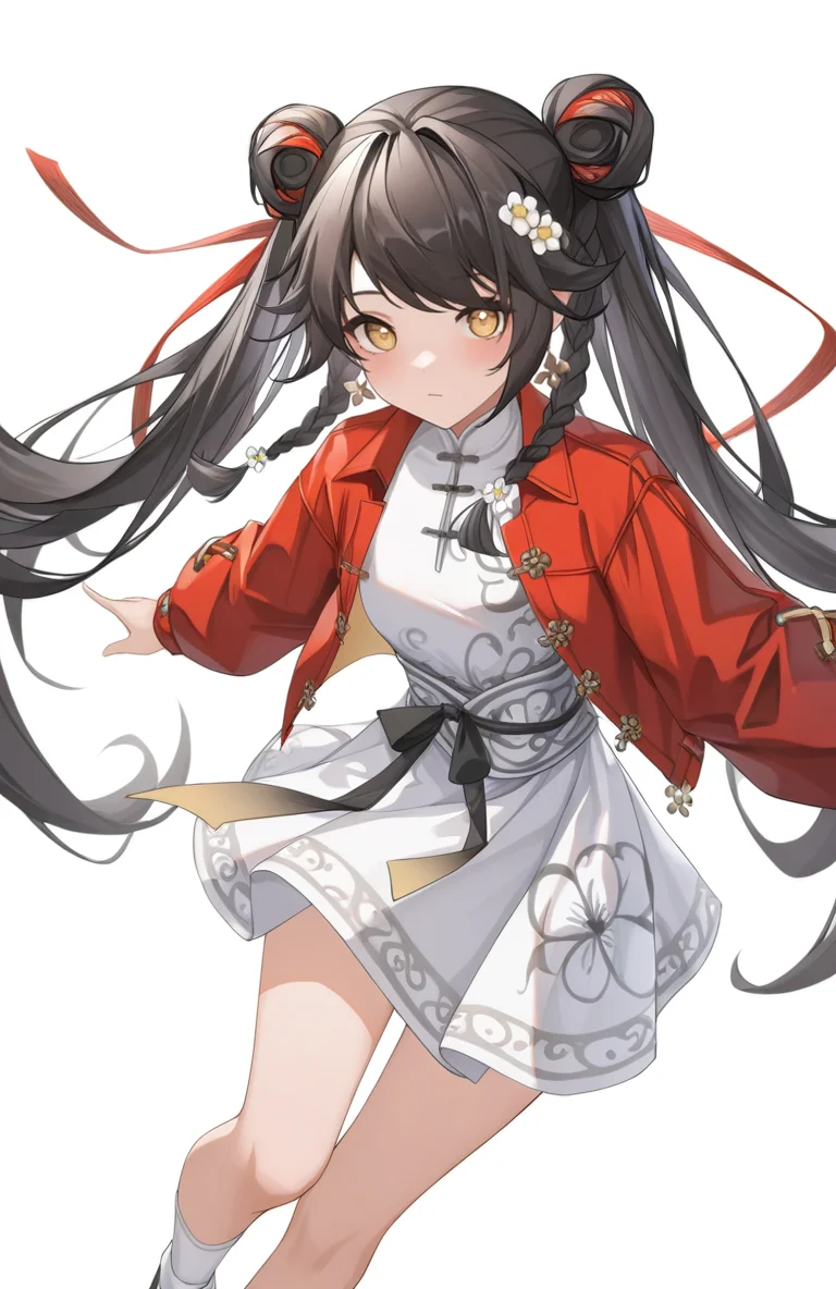 1girl,cowboy shot,hair flower,solo,xiaoguang,simple background,white background,,looking at viewer,white dress,jacket,full body,socks,<lora:xiaoguang-000015:0.9>, masterpiece, best quality, very aesthetic, absurdres