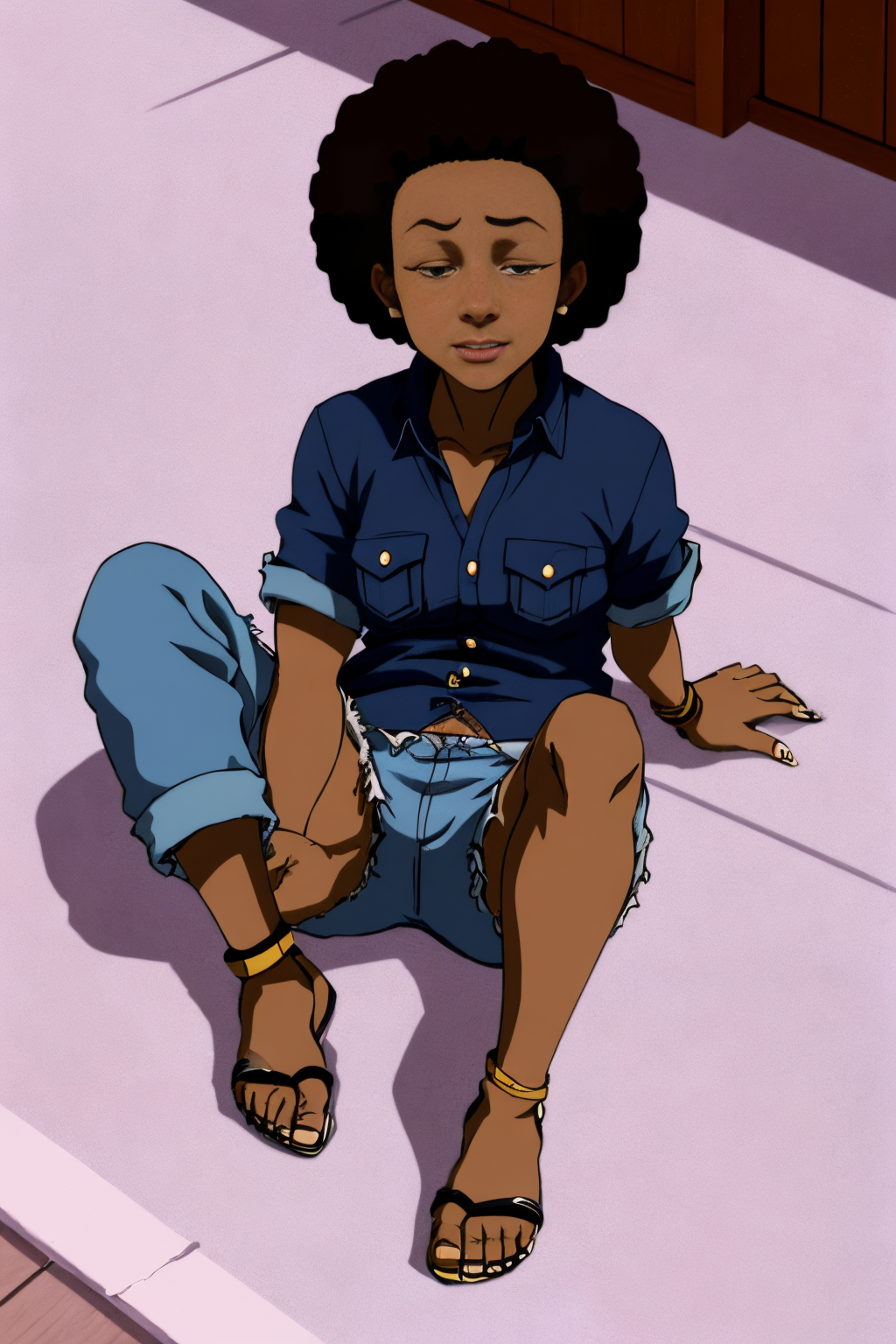 Fulani (West and Central Africa) 58 years old woman Black Updo, in the Deck, Sitting with legs bent and feet flat on the floor, Denim shorts with a button-up shirt, EdobBoondocksArtStyle  <lora:EdobBoondocksArtStyle_v2.0:0.8>