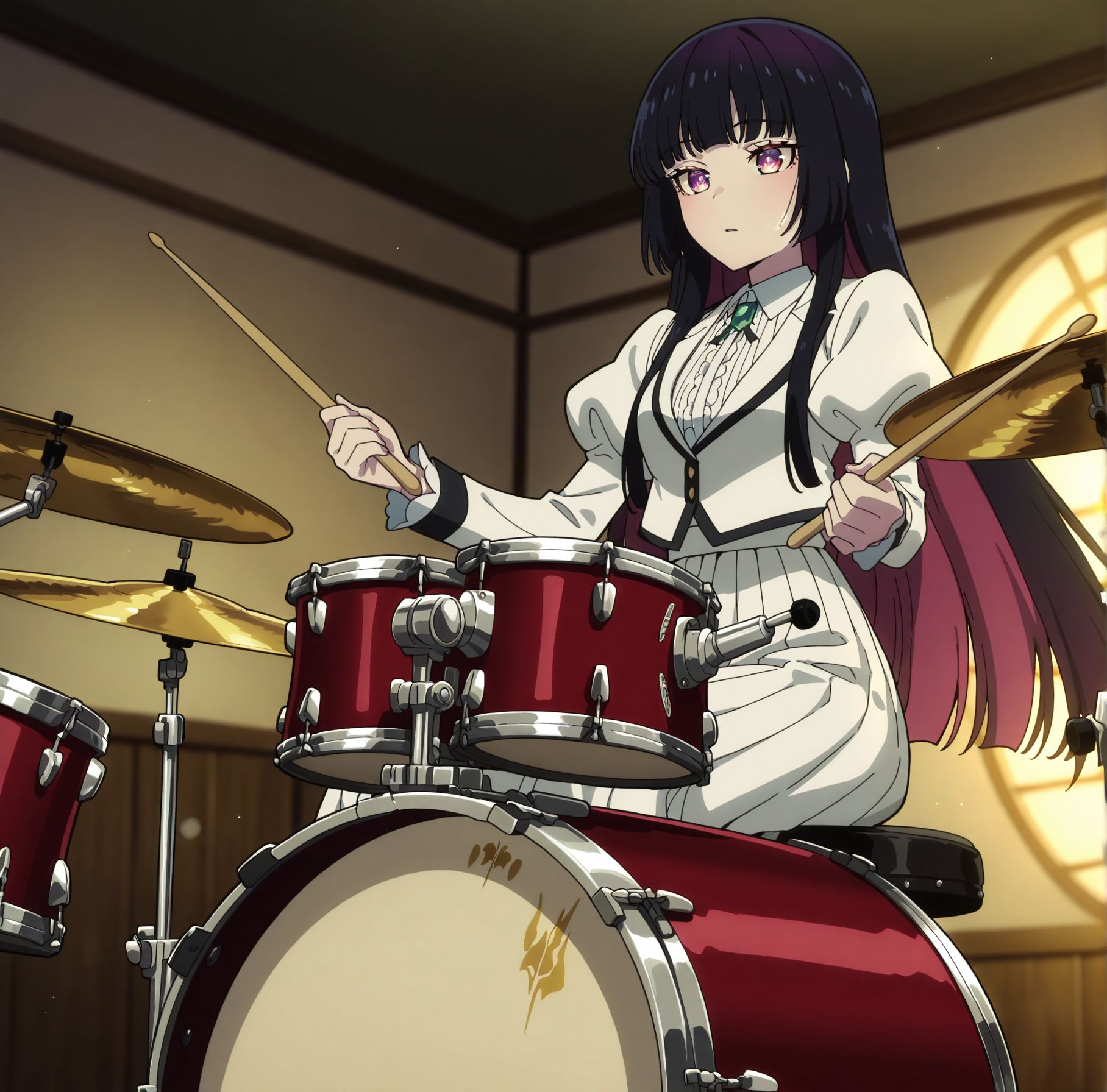 masterpiece, best quality, newest, absurdres, highres, detailed eyes, beautiful, detailed background, perfect eyes, anime coloring, anime screencap,
<lora:add-detail-xl:0.5>
<lora:Rock_Is_a_Ladys_Modesty:0.8> rock_ladyV1.
1girl,instrument,drum set,
drum,long hair,sitting on drum stool, 
solo,juliet sleeves,holding drumsticks,
drumsticks,puffy sleeves,
r_kurotetsu,