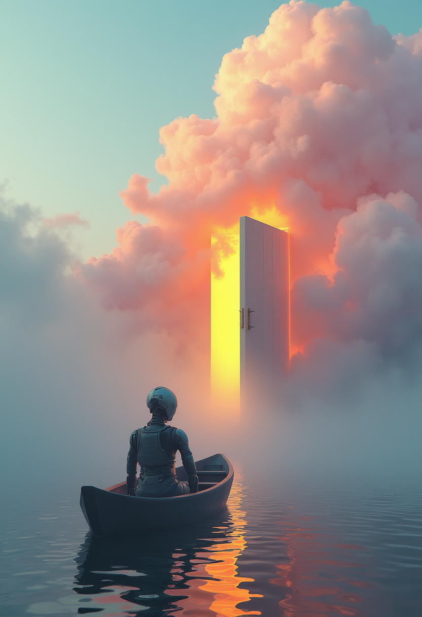 Overall Impression

This surreal and dreamlike image evokes a sense of mystery, isolation, and a touch of the supernatural. The juxtaposition of the ordinary figure in a boat with the fantastical backdrop of a floating door and ethereal clouds creates a visually striking and thought-provoking composition.

Color Scheme and Tones

Dominant Colors: The image is dominated by a soft, pastel color palette, with muted pinks, blues, and purples creating a serene and dreamlike atmosphere.
Contrasting Colors: The bright yellow of the door provides a striking contrast against the muted background.
Muted Palette: The overall color palette is muted, emphasizing the surreal and dreamlike quality of the scene.
Composition

Central Focus: The robot figure in the boat is the central focus of the image, drawing the viewer's attention to their solitary figure and the mysterious door in the distance.
Asymmetrical Balance: The asymmetrical arrangement of the elements creates a dynamic and visually interesting composition.
Leading Lines: The lines of the boat and the water lead the eye towards the door, adding depth and perspective.
Textures and Graphic Patterns

Mixed Textures: The image combines various textures, such as the smooth texture of the water, the rough texture of the boat, and the soft texture of the clouds.
Graphic Patterns: The patterns created by the ripples in the water and the clouds add visual interest and rhythm to the composition.
Unique Artistic Technique (Surrealism and Digital Art)

This image is a prime example of surrealism, blending elements of reality and fantasy to create a dreamlike and illogical scene. The juxtaposition of the ordinary figure in a boat with the fantastical door and clouds challenges our perception of reality and invites us to explore the depths of our imagination. The digital art technique allows the artist to manipulate the image in ways that would be impossible with traditional techniques, creating a unique and visually striking composition.

Important Details

Symbolism: The door could symbolize a new beginning, a gateway to another world, or a metaphor for personal growth and transformation. The figure in the boat could represent the individual's journey through life, searching for meaning and purpose.
Surrealism: The image is highly surreal, blending elements of reality and fantasy.
Atmosphere: The serene and contemplative atmosphere invites the viewer to reflect on the nature of existence and the human condition.
Overall Interpretation

This image is a captivating and thought-provoking piece of art that invites the viewer to explore the boundaries of imagination. The surreal composition, muted colors, and skillful use of digital art techniques create a visually stunning and emotionally resonant image. The symbolism of the door and the figure invites the viewer to contemplate the nature of dreams, aspirations, and the human journey.