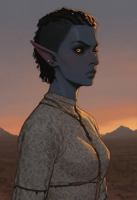 safe_pos, solo, short pointy ears, full body, action stance, piercings, random elf face, aquiline features, female dark elf, brow rings, beaded piercings, weathered skin, blue-grey skin, large nose, insect chitin armor, insect chitin helmet, insect chitin ornaments, stylized insect pattern, athletic build, animated realism, zoomed out, Syrian features, torso, yurts, tents, native camp, elegant berber tapestries, dead desert trees, ash dunes, distant volcano, ashy soil, grey green foliage, distant grey hills, sunrise, gloomy lighting, grey fabric awnings, dark wood posts, light dust clouds, grey-blue skin, mahogany and ivory clothes, medium armor, bone plate armor, ivory straps and fittings, alien bone ornaments, grey wood neckguard, medium_breasts, grey sclera, black pupils, blue-green light, neon, highly detailed, defined features, looking at viewer, three quarters view, from side, dynamic lighting, 29 years old, light and shadows, patterned cloth, annoyed expression, expressive eyes, detailed medieval clothes, short hair, wavy hair, thick hair, beaded hair, braided hair, under cut hair, semirealistic, alien elf, spanish features, jewish features, black hair, dark red hair, desaturated blue skin, sharp features, pastel green inuit print cloak, nighttime, high detail, absurdres, pretty eyes, detailed eyes, yellow eyes,