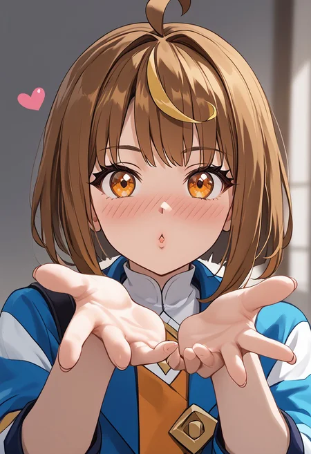 score_4,score_5,score_6,score_7_up,score_8_up,score_9 ((masterpiece,best quality,ultra detailed,highres,HD,4k:1.2)),
1boy, solo,solo focus,boy focus,face focus,
Shiron(normal),brown hair,multicolored hair,yellow streaked hair,bangs,ahoge,sidelocks,orange eyes, petite,
<lora:blowing-kiss-ponyxl-lora-nochekaiser:1>, blowing kiss, pucked lips, heart, looking at viewer, hand up,Pouting lips,pointing fingertips towards viewer,
((Embarrassed,full face blush)),