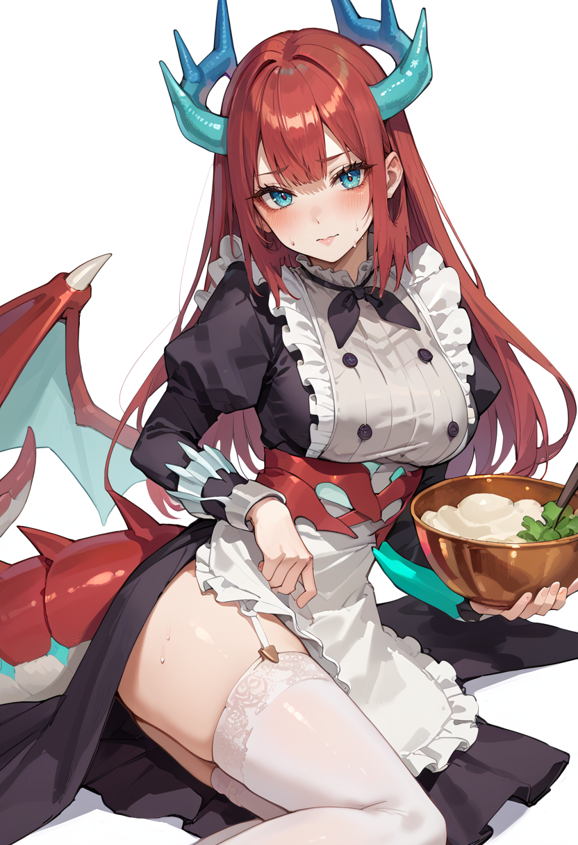 (score_9:0.9),score_8_up,score_7_up,rating_safe,anime style,(zPDXL),<lora:Kitchen Dragonmaid ponyXL v1:0.7>,kitchen dragonmaid, 1girl, solo, thighhighs, large breasts, blush, looking at viewer, bowl, white thighhighs, maid clothes, sweat, on side, white background, simple background, holding bowl