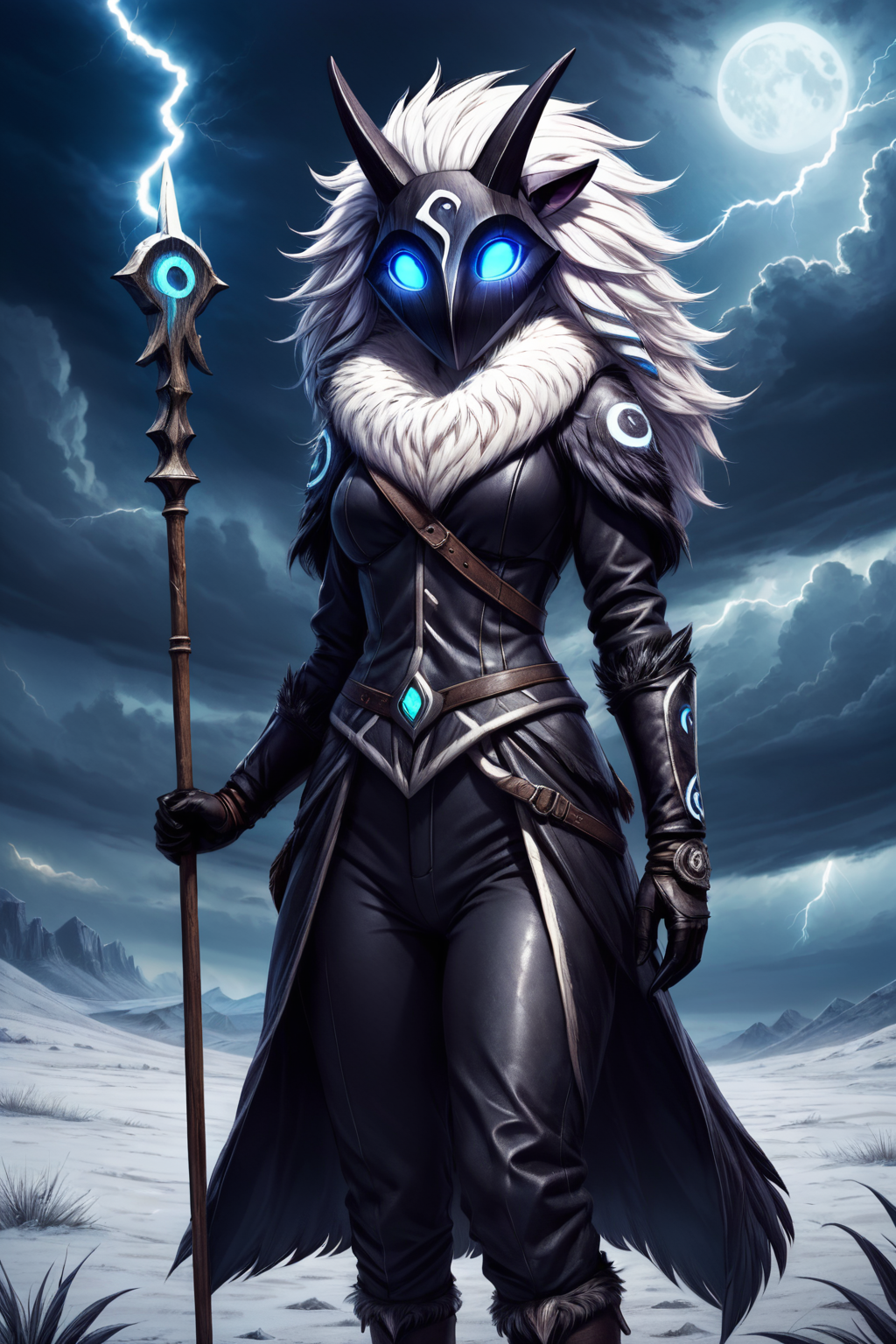 Fairy tale <lora:KindredXL:0.6> kindred, lamb, white fur, mask, glowing eyes,
 wearing Vintage Black Bohemian outfit with Leather gloves and Staff,
inside Minimal Traditional School in Frozen Wasteland, Thunderstorm with lightning Weather Celestial sky at Night,
(full shot, wide shot, establishing shot), ZIP2D . Magical, fantastical, enchanting, storybook style, highly detailed