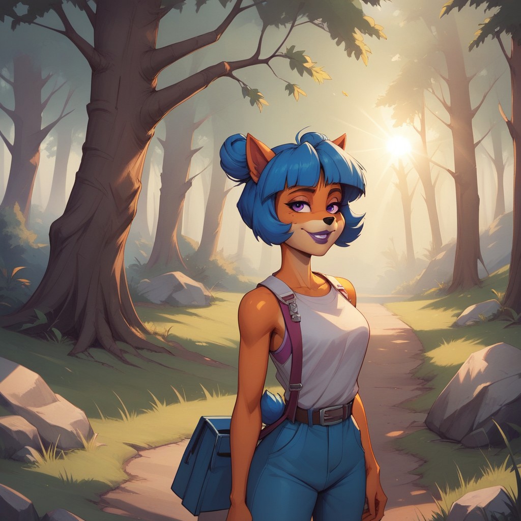 score_9, score_8, BREAK, megumi_bandicoot, bandicoot, blue hair, twin bun, purple eyes, lab assistant outfit, smiling, orange skin, dual-colored skin, black nose, eyelashes, purple lips, animal ears, blue bun tail, sexy pose, self portrait, smile, outdoors, sunlight, shadows, evening lighting, natural lighting, forest, trees, grass, orange sky, sunset