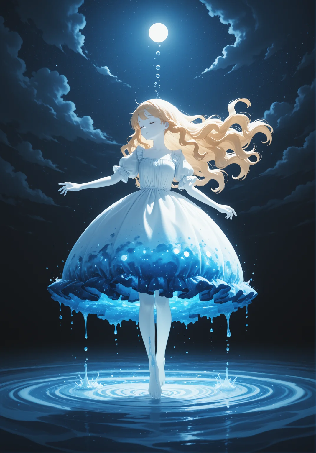 masterpiece, best quality, high quality, neweset,
1girl,watercolor style,(soft blending:1.2),fluid colors,dreamy washes,delicate textures,organic shapes,atmospheric depth,bubble,limited color,puffy short sleeves,cloudy sky,very long hair,parted lips,pale skin,facing to the side,long hair,frills,short sleeves,blue background,star \(sky\),blue theme,night,long dress,white dress,white skin,colored skin,wavy hair,puffy sleeve,frilled sleeves,blonde hair,abstract,closed eyes,dress,black background,liquid clothes,bubble skirt,full body,solo,cloud,floating hair,day,sky,moonlight,barefoot,night sky,no nose,outstretched arm,light particles,floating,highres