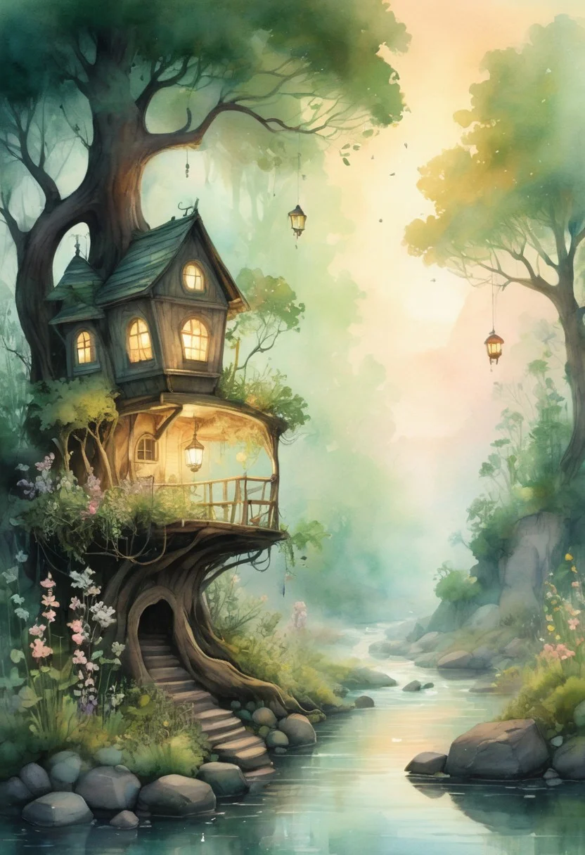 Create a stunning watercolor illustration that embodies the enchanting essence of a mystical forest at dawn. The scene features towering ancient trees with gnarled branches, their leaves shimmering in shades of emerald and gold as the first light of day filters through. In the foreground, a gentle stream winds its way over smooth stones, reflecting the soft pastel hues of the morning sky. Delicate wildflowers bloom along the banks, adding splashes of color to the serene landscape. A whimsical treehouse, adorned with lanterns, peeks out from the foliage, inviting exploration. Ethereal mist dances above the ground, creating an otherworldly atmosphere. The illustration should evoke a sense of magic and tranquility, with a dreamlike quality that transports viewers to a hidden realm. Aim for a piece that could captivate audiences on platforms like Behance and be celebrated for its imaginative beauty