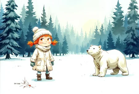 Watercolor acrylic, random pose, Russian girl , orange pigtails, white fluffy hat and coat, bright enthusiastic eyes, in a clearing in a snowy spruce forest, next to a small polar bear cub
