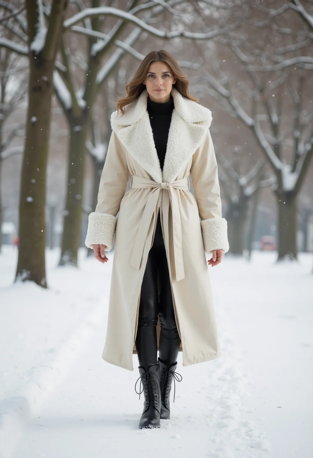 full body shot, beautiful woman, clo023, wearing a closed longline cream coat, shearling collar and cuffs, belted at the waist, black trousers, warm boots, walking in the snow in a park, snowing