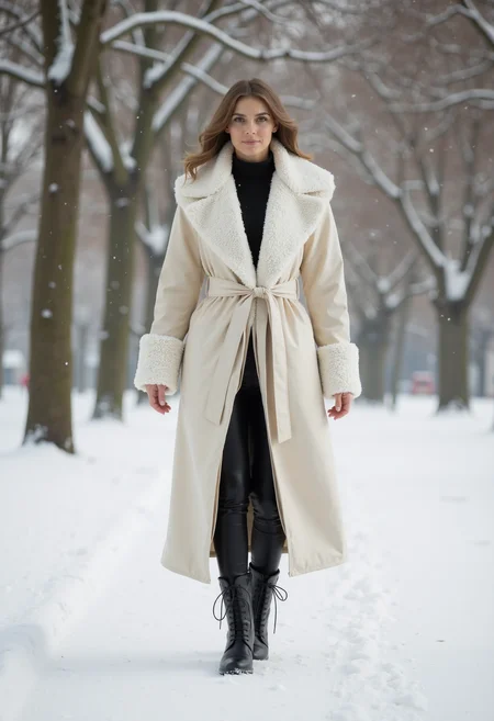 full body shot, beautiful woman, clo023, wearing a closed longline cream coat, shearling collar and cuffs, belted at the waist, black trousers, warm boots, walking in the snow in a park, snowing