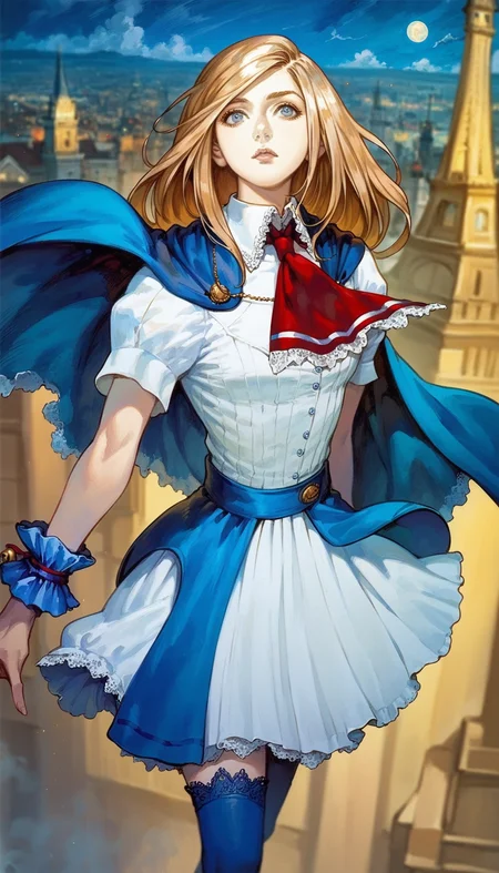 score_9,score_8_up,score_7_up,
highres,highly detailed,
<lora:CharlotteAulin:1>,
charlotteaulin,
1girl,solo,
brown hair,long hair,
blue cape with white lace trim,white dress,white lace trim collar,red tie with white lace trim,short puffed sleeves,blue wrist cuffs,(blue wrap skirt:1.1),
blue lace thigh socks,
from rooftop,back view,(from above:1.1),overlook,
full moon,blurry background,vignetting,outdoors,dark,light particles,bell tower in the background,(night:1.2),cloudy,fog,clock tower,big bam,london,midnight,