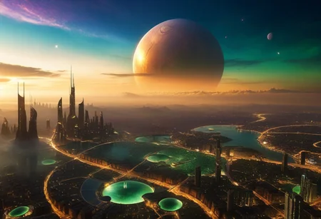 amazing photo taken from the top of a crane on a skyscraper built by an unknown civilization's city on Titan which is Saturn's moon, Saturn is visible in the sky, the alien city is lit with dim lights of browns and greens and blues and purples, unbelievably detailed view of a massive newly-discovered alien city,
imaginative image, eye-popping depth and clarity, super details, 8k crisp, astonishing vision of what a city on Titan might evolve to look like for the sentient beings that could inhabit such a world in our solar system,
epic lighting,
highest quality,