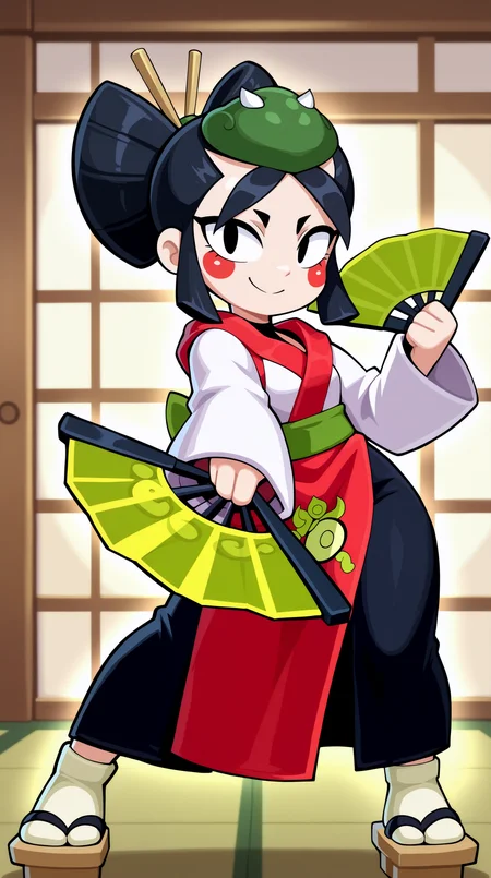 masterpiece, best quality, amazing quality, aesthetic, absurdres, best quality, 4k, upscale, indoors, (dynamic pose, fighting stance, foreshortening), kaze, solo, 1girl, black hair, japanese clothes, black eyes, smile, geta, dual wielding, hand fan, kimono, sandals, standing, apron, looking at viewer, hair stick, <lora:Kaze_IL:0.8>