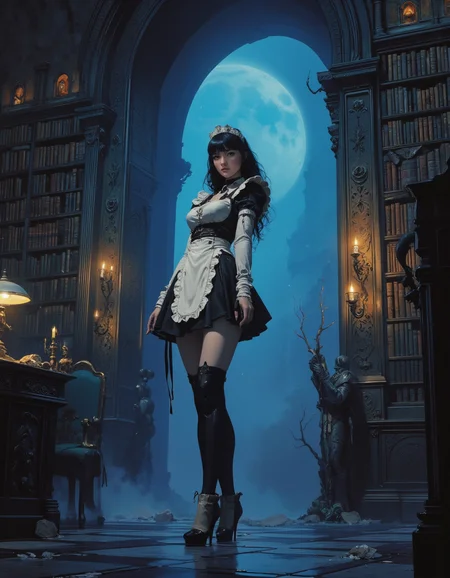 realistic photo, Frank Frazetta, ,perfect lighting,beautiful illustration,ultra-realistic, 

The Royal library in the old dark castle. In front of the bookshelves stands a beautiful curvaceous maid in a tight-fitting maid uniform. Slender legs, high-heeled shoes. Excitement and temptation.,. 
(Depth of field),,, .

  
masterpiece, best quality,  ,  medium-format camera,  high-contrast, dramatic lighting, striking composition, 
The background is minimalist, a gradient of shadowy blue tones, amplifying the ethereal and futuristic ambiance of the scene. The overall composition feels cinematic, blending high fashion with a science fiction aesthetic. . Exquisite cyberpunk. retroFuturism.  
(Depth of field), low saturation,detail. mythp0rt, Stylish, charismatic. CPA

<lora:SDXL\FLUX_CPA\(anime, cyberpunk.safetensors:0.6>, CPA,  
<lora:SDXL\Flux_artisketchyfs-v02.safetensors:0.3>,  
<lora:SDXL\flux_Epic gorgeous Details_v2.safetensors:0.3>, 
<lora:SDXL\FLUX_frazetta_flux_v2-000150.safetensors:0.3>, Frank Frazetta,
