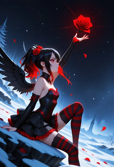 masterpiece, best quality, amazing quality, volumetric lighting, high contrast, (realistic:1.2), vibrant colour, (no lineart:1.5), BREAK, 1girl, 25 years old, cute, petite, 
red eyes, 
long hair, multicolored hair, two-tone hair, black hair, red hair, ponytail, sidelocks, hair ornament, hair flower, red rose, 
vampire, eyeshadow, detached collar,
black wings, feather wings, striped clothes, 
multicolored dress, black dress, red dress, layered dress, frilled dress, frills, bare shoulders, short skirt, 
elbow gauntlets, red nails, 
(striped thighhighs), black thighhighs, red thighhighs, 
sitting, leg up, arm up, looking away, 
from side, dynamic pose, dynamic angle, 
snow, night, fog, red roses, rose petals,