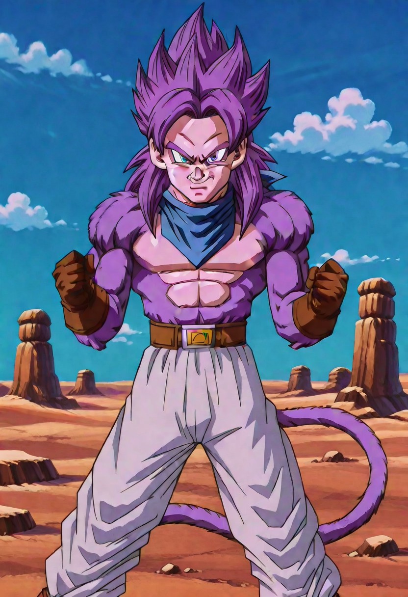 GTTrunks, 1boy, purple hair, blue bandana around neck, brown gloves, shorts, white pants, brown boots, abs, body fur, long hair, monkey tail, muscular, pectorals, (purple fur:1.5), solo, spiked hair, ssj4, super saiyan, tail, solo, fighting stance, standing, clenched hands, dynamic pose, upper body, looking at viewer, smiling, cowboy shot, desert background, blue sky, clouds, scene reference, verybadimagenegative_v1.3
