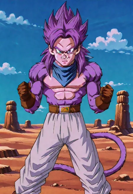 GTTrunks, 1boy, purple hair, blue bandana around neck, brown gloves, shorts, white pants, brown boots, abs, body fur, long hair, monkey tail, muscular, pectorals, (purple fur:1.5), solo, spiked hair, ssj4, super saiyan, tail, solo, fighting stance, standing, clenched hands, dynamic pose, upper body, looking at viewer, smiling, cowboy shot, desert background, blue sky, clouds, scene reference, verybadimagenegative_v1.3