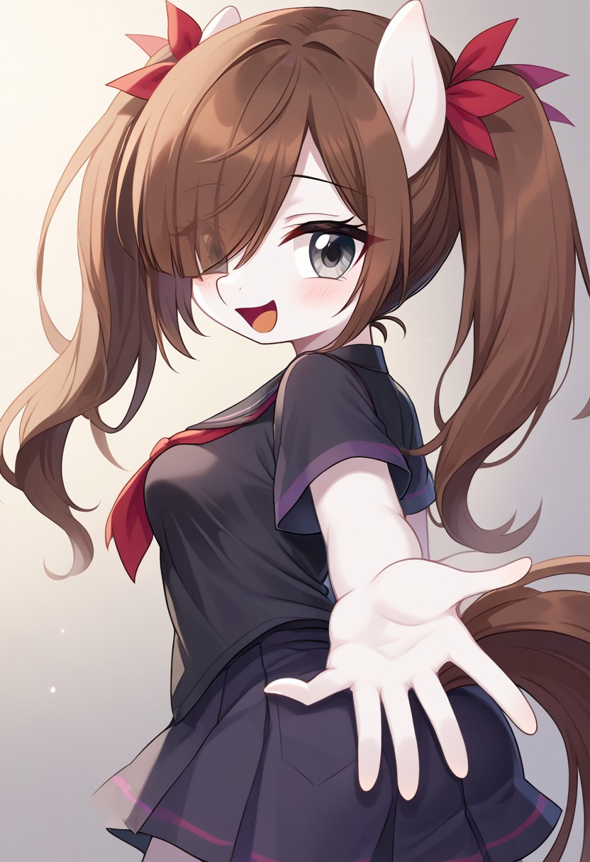 score_9, <lora:Kra_-_MLP:0.8> k'r4, white fur, grey eyes, brown hair, twintails, anthro, hands, <lora:looking-back-reaching-towards-viewer-ponyxl-lora-nochekaiser:1>, looking back reaching towards viewer, looking at viewer, solo focus, smile, looking back, open mouth, reaching towards viewer, source_pony, ntm,