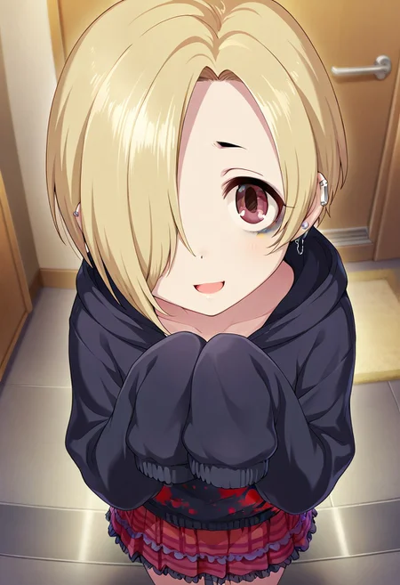 masterpiece,best quality,amazing quality, shirasaka koume, blonde hair, hair over one eye, short hair, brown eyes, sleeves past wrists, jewelry, earrings, smile, open mouth, looking at viewer, skirt, hood, bags under eyes, solo, 1girl