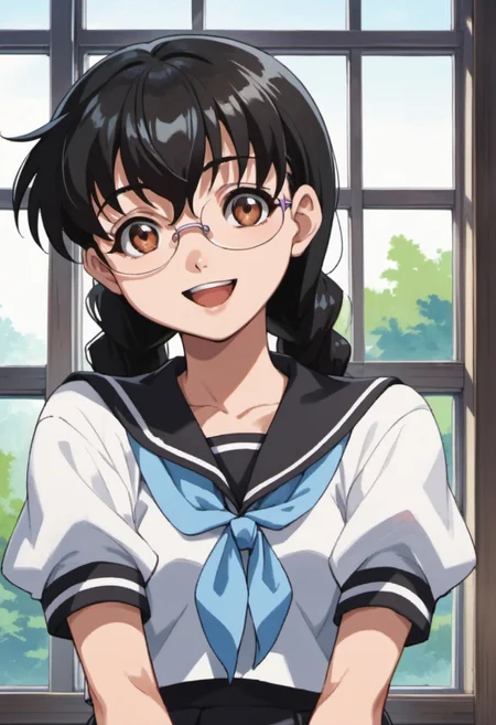 score_9, score_8_up, score_7_up, source_anime, izumi yuka, glasses, black hair, twin braids, brown eyes, 1girl, solo, school uniform, braid, serafuku, long hair, window, open mouth, anime coloring, smile