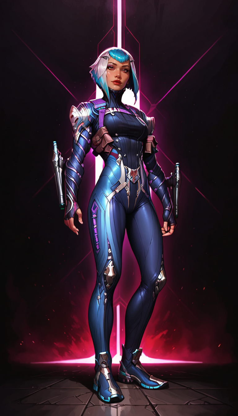 score_9, score_8_up, score_7_up, , detailed face,  best quality, perfect eyes, floating hair,  best quality,, perfect eyes,  detailed background, full body shot, from below, cowboy shot, cityscape, city background, dynamic pose, sexy pose, 
<lora:DetailedEyes_V3 helper eye:1>, looking at viewer, 
<lora:Expressive_H:0.45> Expressiveh, <lora:g0th1cPXL:0.35> g0thicPXL, glowing, neon, <lora:incase_style_v3-1_ponyxl_ilff Pony-St1le:0.6>,<lora:princess_xl_v2:0.75>,
, a0i, short hair, multicolored hair, bodysuit, multicolored hair, science fiction,  <lora:Warframe_1999_Aoi-000007:0.8>