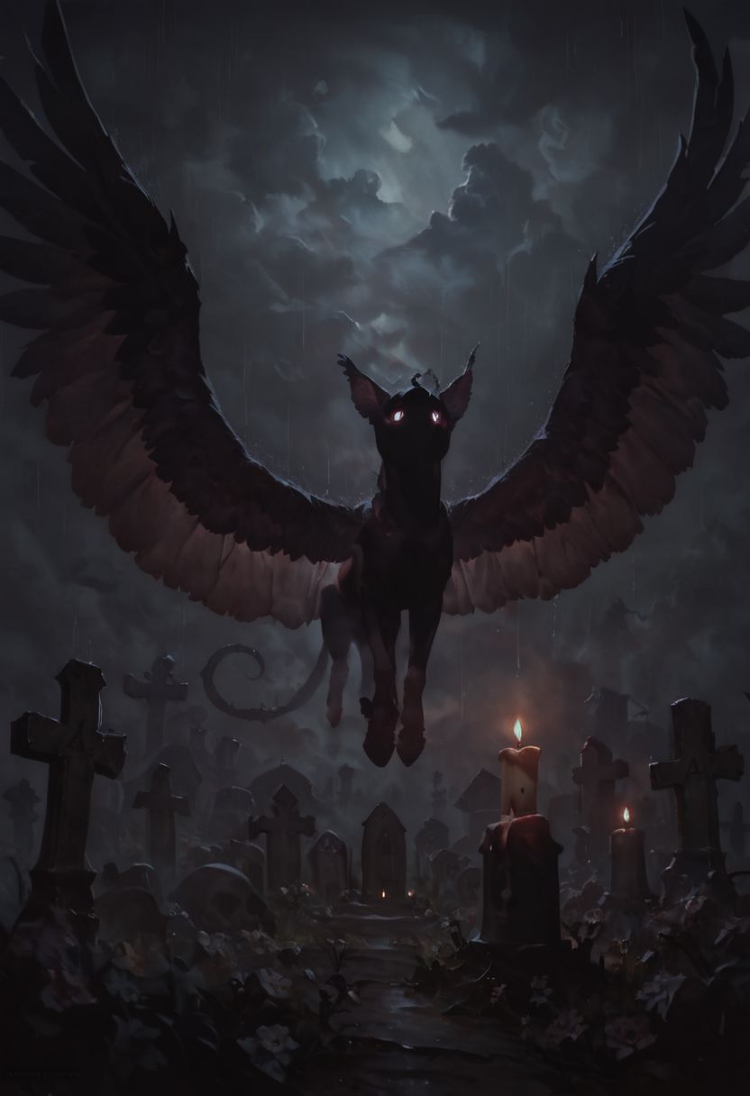 score_9, score_8_up, score_7_up, high quality, oil painting, realistic, gradient background, dark, cloudy, rainy day, small child offering flowers, 1girl, ethereal body, translucent body, ghost, feathered wings, graveyard, lit candles, cinematic lighting, fog, dark theme, low light,
