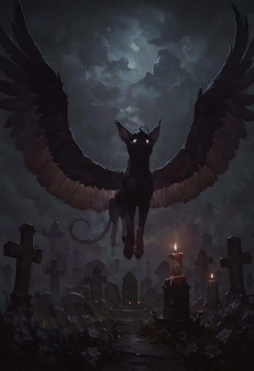 score_9, score_8_up, score_7_up, high quality, oil painting, realistic, gradient background, dark, cloudy, rainy day, small child offering flowers, 1girl, ethereal body, translucent body, ghost, feathered wings, graveyard, lit candles, cinematic lighting, fog, dark theme, low light,