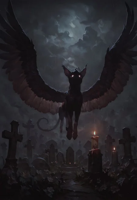 score_9, score_8_up, score_7_up, high quality, oil painting, realistic, gradient background, dark, cloudy, rainy day, small child offering flowers, 1girl, ethereal body, translucent body, ghost, feathered wings, graveyard, lit candles, cinematic lighting, fog, dark theme, low light,