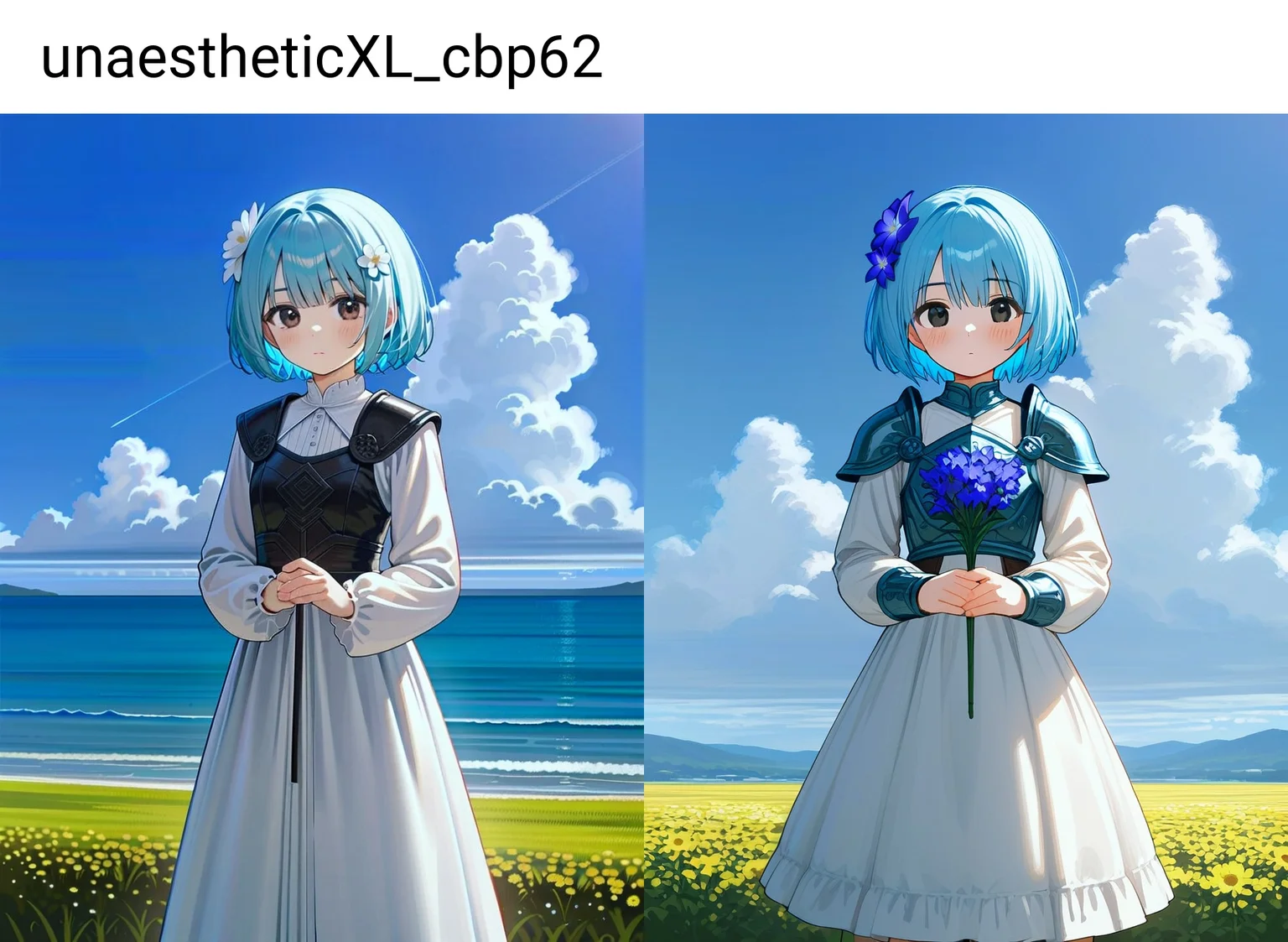 1girl,armor, black eyes, blue hair, blush, cloud, dress, flower, hair ornament, long sleeves, looking at viewer, outdoors, short hair, sky, solo, standing, white dress, day, hair flower
