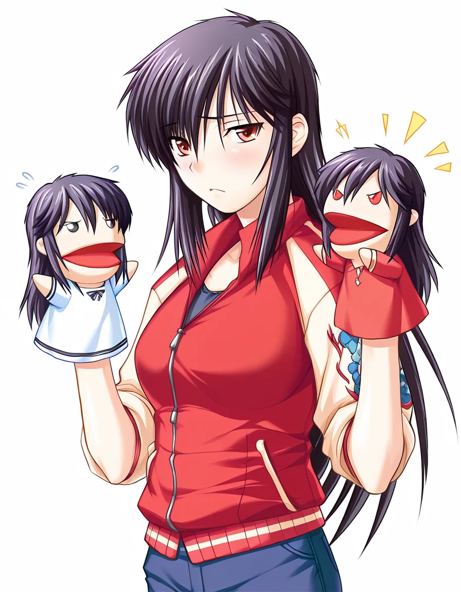 masterpiece, best quality, amazing quality, absurdres, official art, ultra detailed, 
1girl, solo, yashi_nagomi, long hair, purple hair, red eyes, BREAK
jeans, red jacket, sleeves rolled up, 
frown, flying sweatdrops, looking at viewer, standing, hppt,hand puppet, happy aura, simple background, white background, upper body, highly detailed <lora:hand_puppet_IL_v1:1> <lora:Yashi Nagomi v1.0-000013:1>