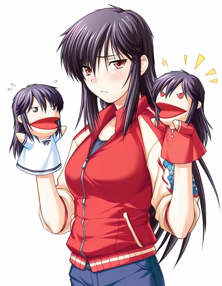 masterpiece, best quality, amazing quality, absurdres, official art, ultra detailed,
1girl, solo, yashi_nagomi, long hair, purple hair, red eyes, BREAK
jeans, red jacket, sleeves rolled up,
frown, flying sweatdrops, looking at viewer, standing, hppt,hand puppet, happy aura, simple background, white background, upper body, highly detailed <lora:hand_puppet_IL_v1:1> <lora:Yashi Nagomi v1.0-000013:1>