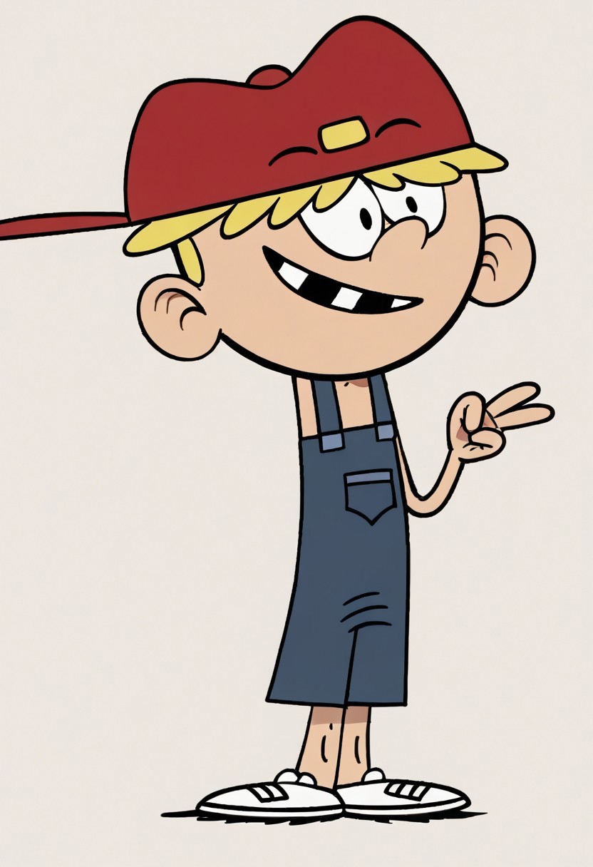 (score_9 | score_8_up | score_7_up) ((masterpiece:1))(best quality,very high quality,ultra detailed:1.2) (2D,cartoon style,anime style)(Smooth:2)(clean blurring) (four fingers on each hand,one thumb on each hand:1), Leif Loud, solo, 1boy, Blonde hair, missing teeth, red baseball cap facing backwards, blue overalls, white shoes