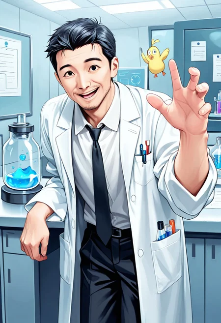 score_9, score_8_up, score_7_up, score_6_up, masterpiece, best quality, detailed eyes, detailed face, photorealistic, 3DMM, (Professor Utonium transformation into fuzzy lumpkins, mid transformation, standing, looking at viewer), (laboratory, beakers filled with different colored liquids, mature, black hair, short hair, black eyes, white shirt, black necktie, lab coat, white lab coat, black pants), (wide open eyes), smiling