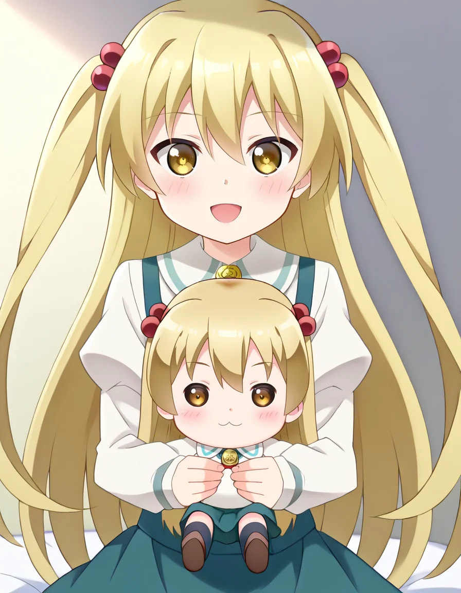 colorful, 1girl, solo, happy, <lora:Himeki:1>, Himeki, blond hair, long hair, twin tail, golden eyes, school uniform, collared shirt, neck ribbon, gold brooch, suspender, green skirt, long sleeves, puffy sleeves, frills,
<lora:holding_fufu_pony_d16:1>, holding character doll, on bed, blush
