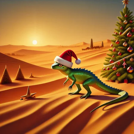 masterpiece, best quality, absurdres, animal christmas, christmas theme,
animal focus, no humans,
lizard, desert, christmas tree, christmas hat