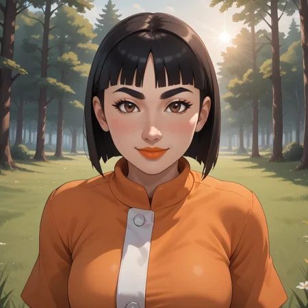 score_9, score_8, BREAK, solo, wii, mii, 1girl, female mii, brown eyes, blush, black hair, lips, orange clothing, white pants, shoes, cute, nintendo mii, modern_mii, classic_mii, breasts, marisa_(wii_sports), wii sports, black eyebrows, sexy pose, smile, outdoors, sunlight, shadows, evening lighting, natural lighting, forest, trees, grass, orange sky, sunset