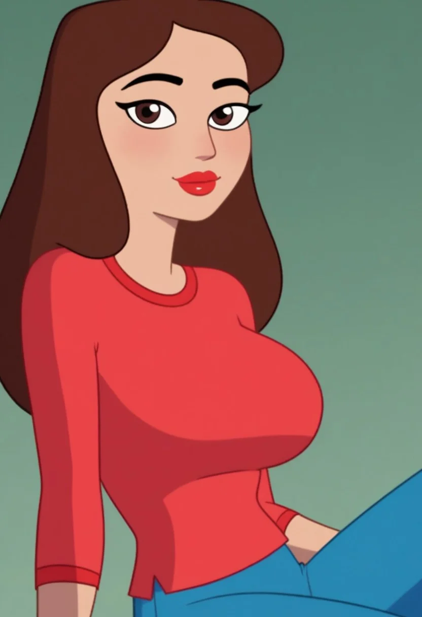 ((bedroom background)),score_9, score_8_up, score_7_up,score_6_up,
1girl, Solo, Carolina_HYG, medium skin, dark brown eyes, brown hair, long straight hair, red lipstick, red t-shirt, tight blue jeans pants, dark blue sandals, tall stature, social smile, sexy face, close-up, cowboyshot, perfect eyes, perfect smile, looking at the viewer, big breasts, detailed eyes, perfect eyes, very close-up, cute