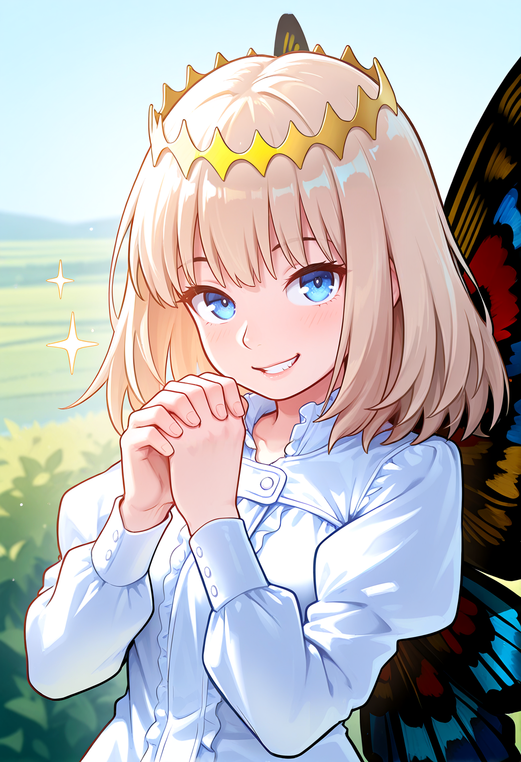 IllustriousQual <lora:StS-Illustrious-Detail-Slider-v1.0:2> <lora:cfg_scale_boost:0.3>,detailed_background,outdoors,solo,highres,crown,male focus,1boy,smile,oberon \(fate\),shirt,absurdres,sparkle,looking at viewer,gold crown,medium hair,oberon \(first ascension\) \(fate\),fate/grand order,hanli \(chenyu807\),arthropod boy,own hands together,diamond hairband,butterfly wings,upper body,blue eyes,wings,insect wings,long sleeves,fate \(series\),blonde hair