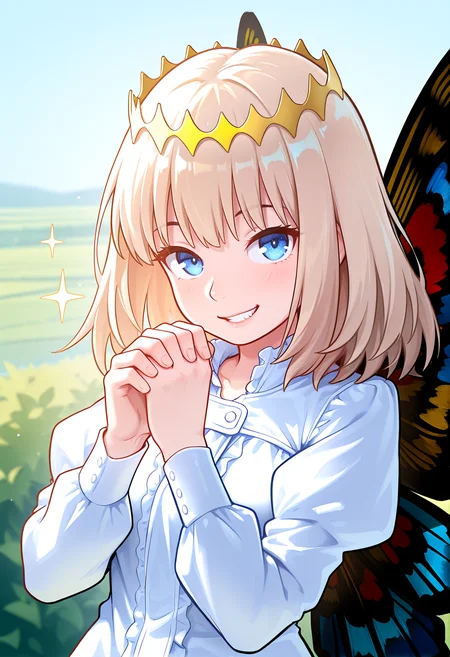 IllustriousQual <lora:StS-Illustrious-Detail-Slider-v1.0:2> <lora:cfg_scale_boost:0.3>,detailed_background,outdoors,solo,highres,crown,male focus,1boy,smile,oberon \(fate\),shirt,absurdres,sparkle,looking at viewer,gold crown,medium hair,oberon \(first ascension\) \(fate\),fate/grand order,hanli \(chenyu807\),arthropod boy,own hands together,diamond hairband,butterfly wings,upper body,blue eyes,wings,insect wings,long sleeves,fate \(series\),blonde hair