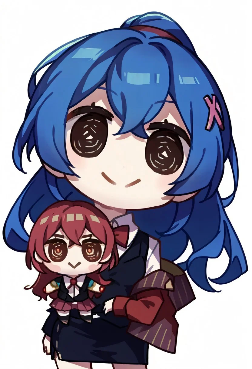 source_anime, score_9, score_8_up, rating_questionable.
Edison.
Edi_Stigmata, long hair, blue hair, ponytail, pencil skirt, black vest, collared shirt, long sleeves, white shirt, red bowtie, x hair ornament, mini skirt.
smile, closed mouth, white background , simple background, chibi