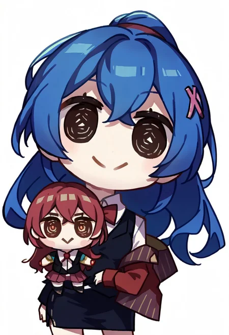source_anime, score_9, score_8_up, rating_questionable.
Edison.
Edi_Stigmata, long hair, blue hair, ponytail, pencil skirt, black vest, collared shirt, long sleeves, white shirt, red bowtie, x hair ornament, mini skirt.
 smile, closed mouth, white background , simple background, chibi