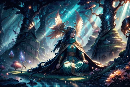 <lora:FeyAndFairies:1> FeyFa, magical fantasy, scene, forest, river, statue, sun rays, <lora:Fantasy_Classes_SD:1> fantasy class, druid, hermit, nature, natural, forest robe, pet, animal companion, best quality, masterpiece, <lora:more_details:0.65>, 1girl, solo