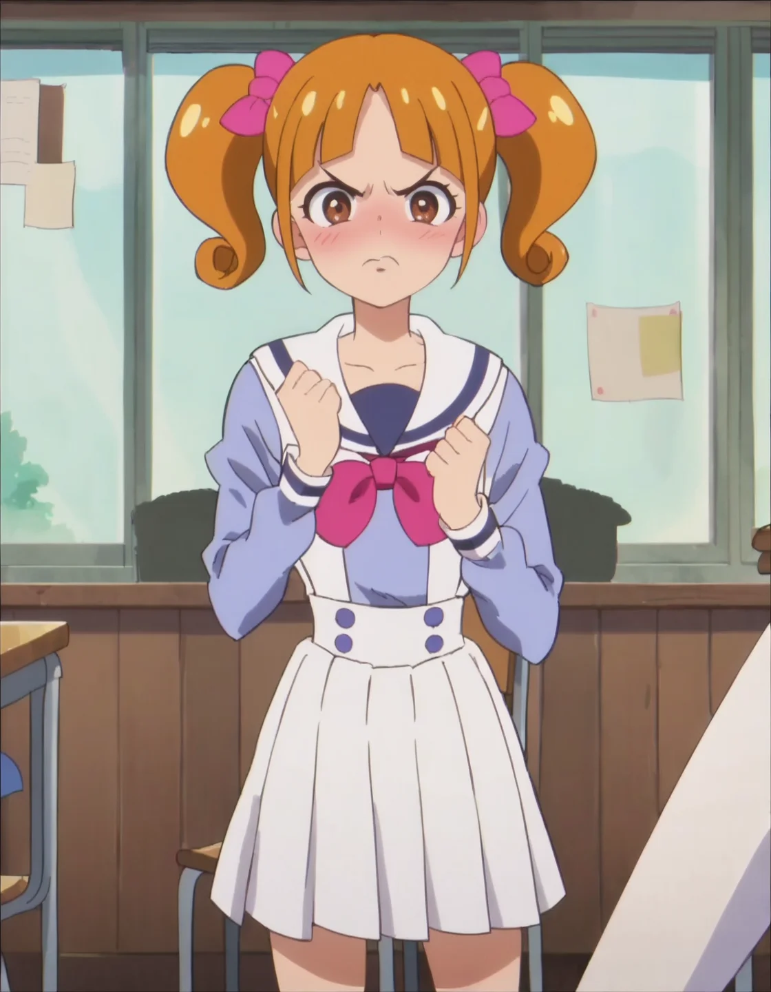 score_9, score_8_up, score_7_up, anime screencap,1girl, solo, school uniform, brown eyes, twintails, skirt, looking at viewer, brown hair, angry, blush,bow, short hair, hair bow, pink bow, white skirt, long sleeves <lora:IchijoRankoV2:0.8>