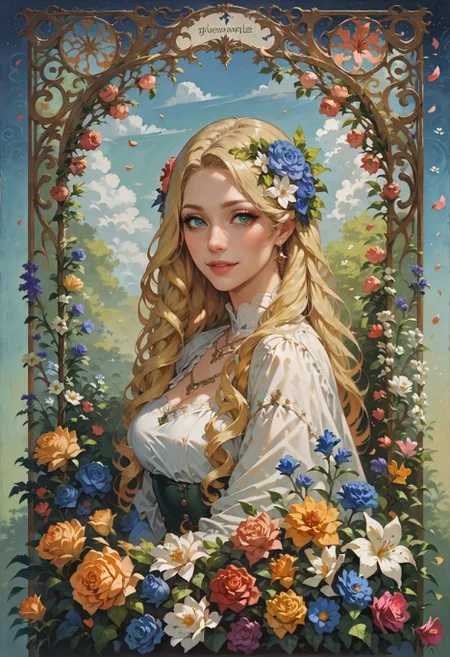 score_9, score_8_up, score_7_up,  1 girl, beautiful flowers, flower corsage in hair, (flowers in background, abstract flower background), impressionism, blonde hair, long hair, art nouveau style  <lora:sdxl\Anime Summer Days 2 Style SDXL_LoRA_Pony Diffusion V6 XL>