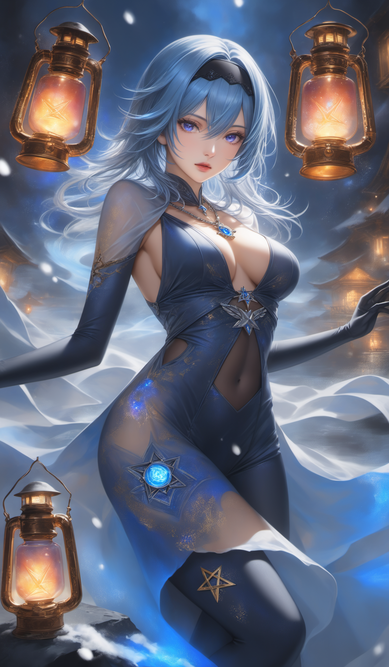 (genshin impact),eula, bangs, hair ornament, hair between eyes, blue hair, purple eyes, sidelocks, hairband, medium hair, black hairband,thighhighs, gloves, long sleeves, necktie, black gloves, cape, leotard, blue necktie, vision \(genshin impact\),
(Best quality,masterpiece,absurdres,ultra realistic:1.4),(Rococo:1.4),(close portrait:1.3),(((photo raw)),),peerlessly , beautiful detailed eyes,(see-through_clothing),(Elegant),shine,glowing,sparkling,energy coalescing and vibrating,(dynamic angle,dynamic pose),full_body,Lying down,nsfw, topless, nude,
wearing see-through china_dress,charming,alluring,seductive,enchanting,cleavage,exposed,(Dream_wave:1.22),
(draped upper body clothing, Ribbed, polyester,   Cap Sleeves, Mini Length, Natural Waist, statement necklace,,tinted wash,,knee pads,,convertible dress, Zipper Closure,,front pockets,,ripped or distressed look, tailored lower body clothing, felt, plasma discharge print, essenzia (a potent liquid), High-Low Hem, high waist, Distressed Wash,,Coin Pockets,,Open Back,,side seam slits,,placement print,rhinestones),(twinkling mesmerizing lapis lazuli, adamantine, sterling silver, reliability, clarity enhancement, semi-precious, nautical, renaissance, love and romance),(jungle, celestial bodies),(light purple maritime light selenite),(galactic history and civilization studies, plaster,wood,Gabbro stone,asphalt shingles roof, Gas Lanterns, cove lighting),
(Around floating colorful snow:1.4)the most beautiful form of chaos,(pentagram:1.4),(colorful plum:1),