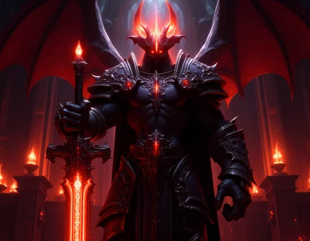 A cinematic ingame screen shot from World of Warcraft on a mighty Demon Lord. He got a glowing honrs on his head, glowing red firy eyes, big dark skeleton wings on his back, wearing a shiny black magical armor with red trimmed detailds. In his right hand he is holding a giant glowing greatsword made of pure fire, fire glowing runes along the blad. He is holding the sword by the handle. He is standing in a throne room in the deepest pits of hell. full body shot facing the viewer. hkstyle <lora:hkstyleFluxV3:0.85> <lora:Elden_Ring_-_Yoshitaka_Amano:0.6> <lora:FluxMythP0rtr4itStyle:0.65>